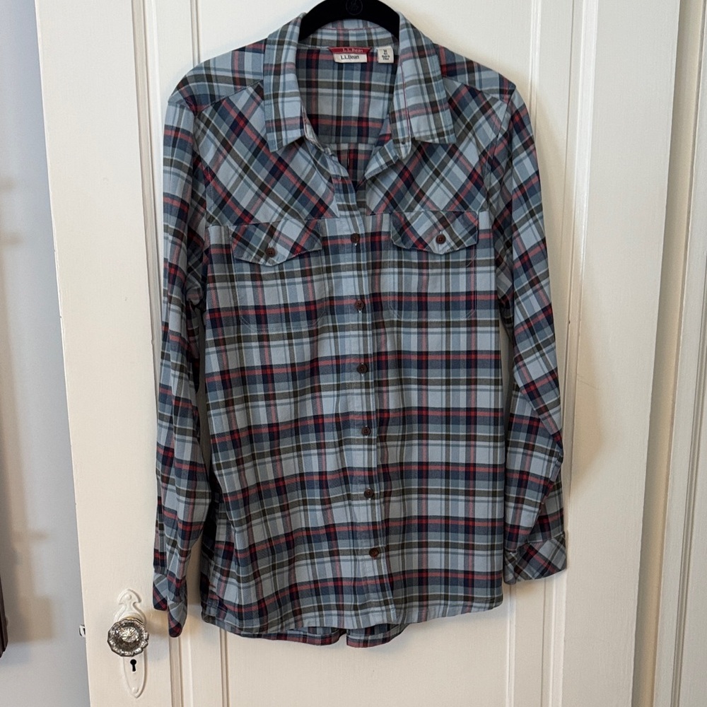 L.L. Bean Blue and Red Plaid Shirt Organic Cotton Blend M